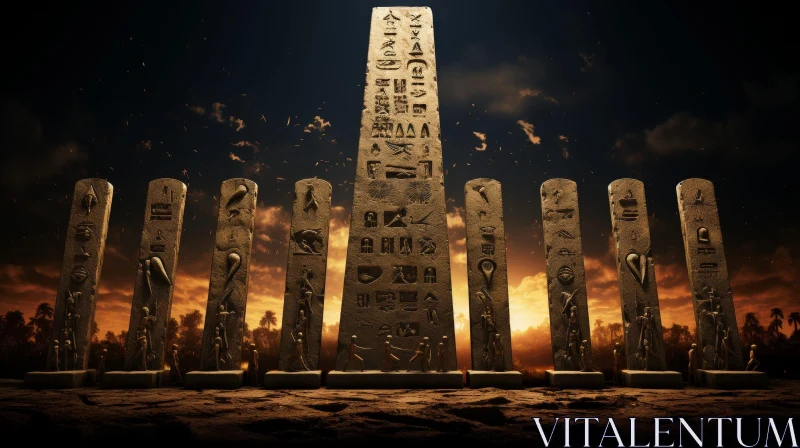Mysterious Obelisks in Desert Sunset AI Image