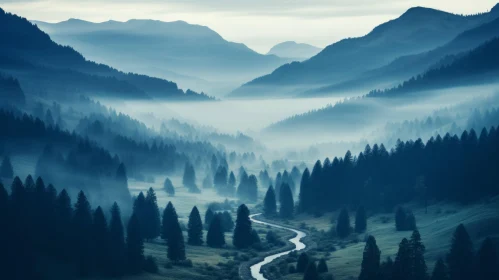 River Flows Past Mountains in Fog - Tranquil Landscape Wallpaper