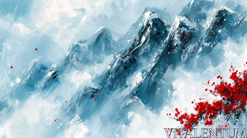 Snow-Capped Mountains and Cherry Blossoms: A Serene Landscape Painting AI Image