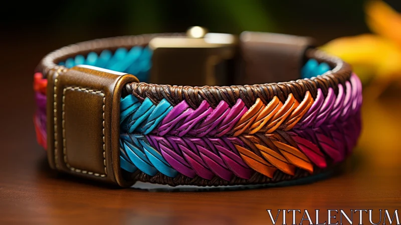 Unique Handmade Leather Bracelet with Vibrant Woven Pattern AI Image