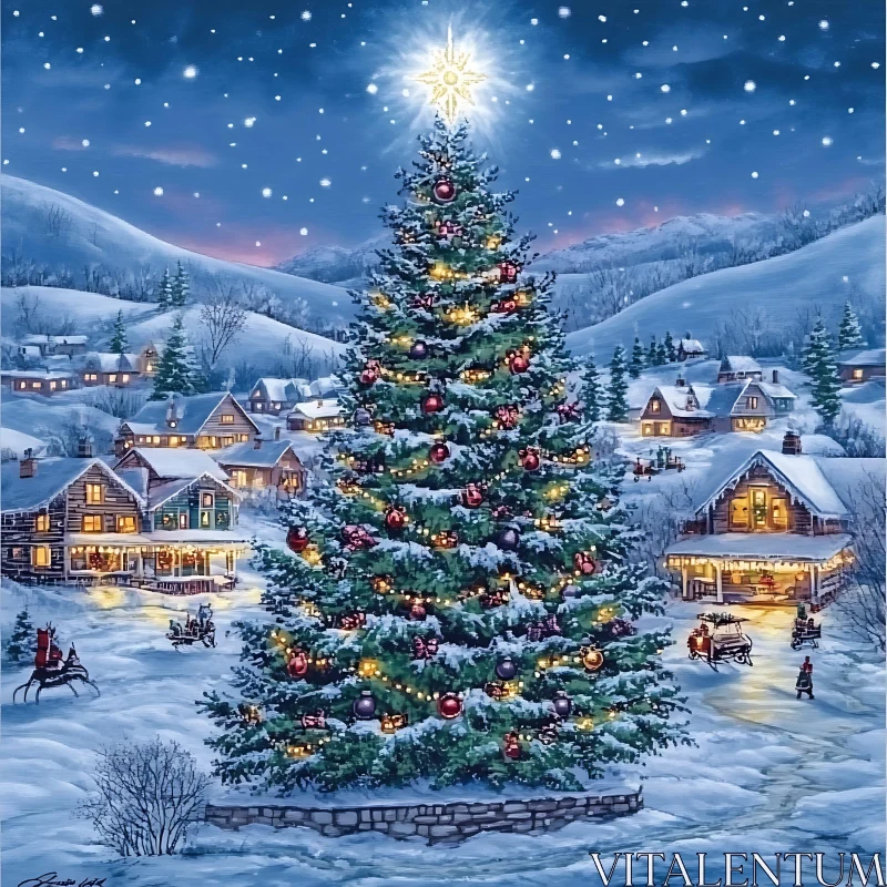 Snowy Village with Festive Christmas Tree AI Image