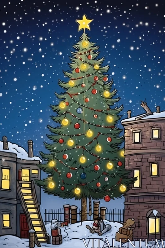 Festive Holiday Scene with Christmas Tree and Snow AI Image