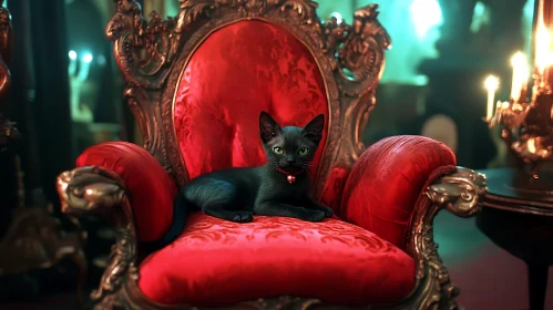 Black Cat Lounging on Red Velvet Chair