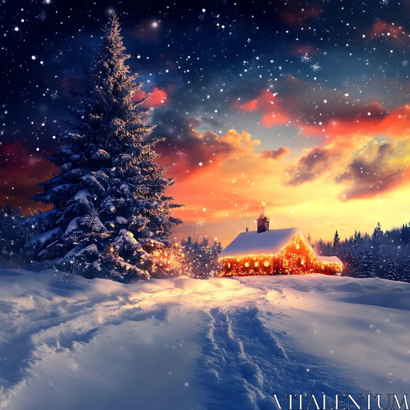 Snowy Holiday Evening with Cozy Cabin and Sunset AI Image