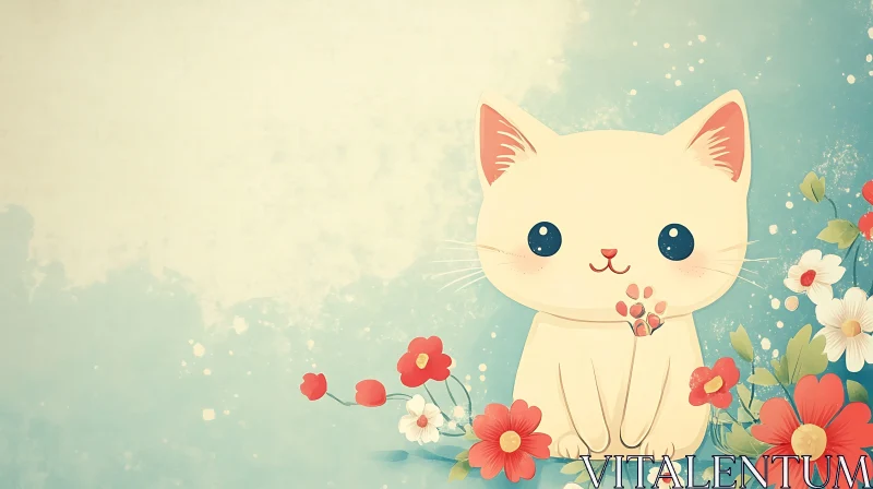 Cute Cat Illustration with Flowers AI Image