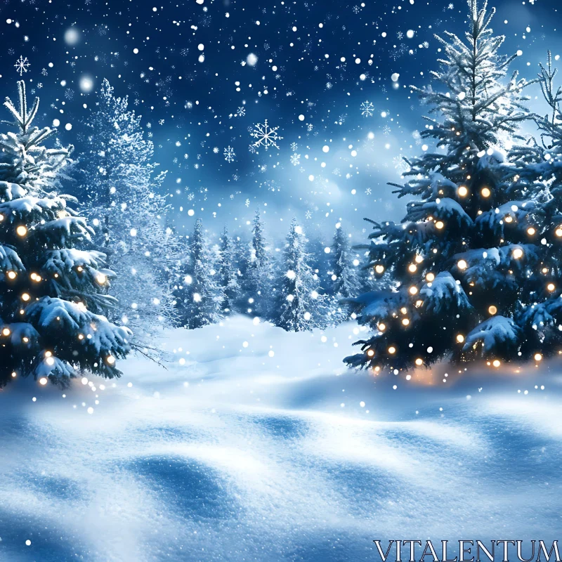 Snowy Night in an Evergreen Forest AI Image