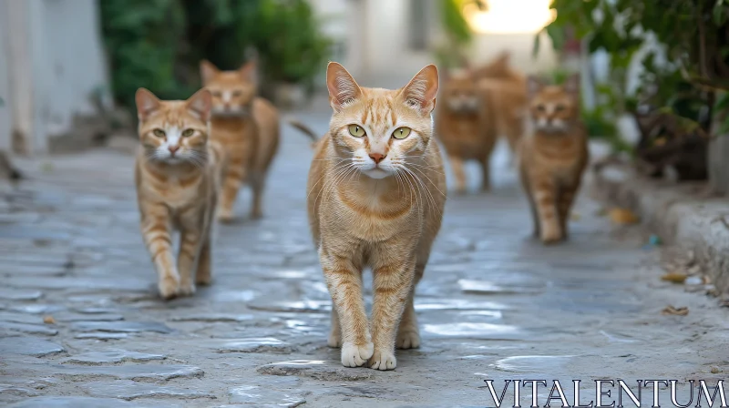 Group of Ginger Cats on Cobblestone Path AI Image