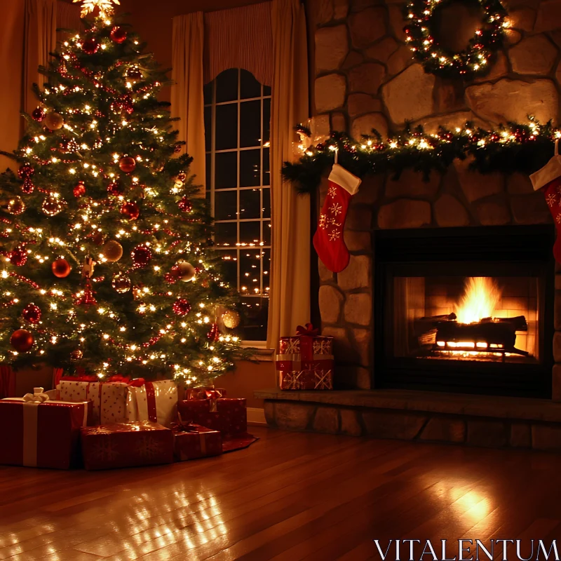 Warm Holiday Scene with Christmas Tree and Fireplace AI Image