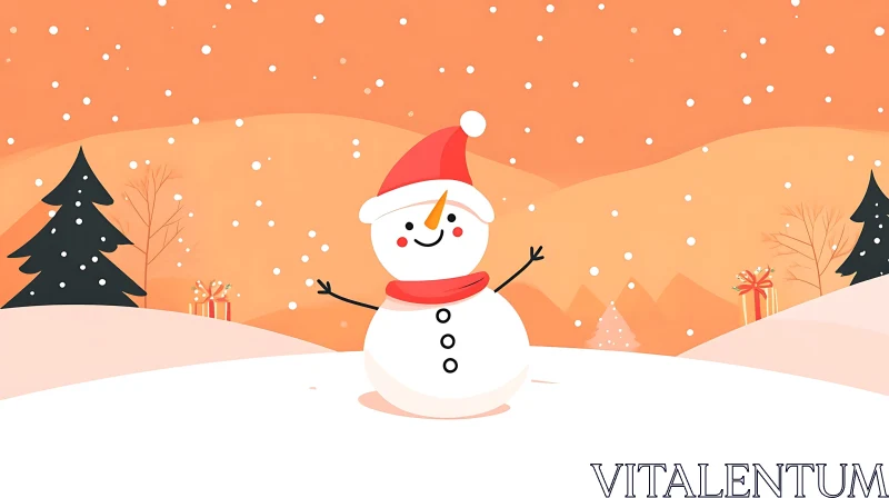 Snowman Celebrating Christmas in Snowy Landscape AI Image