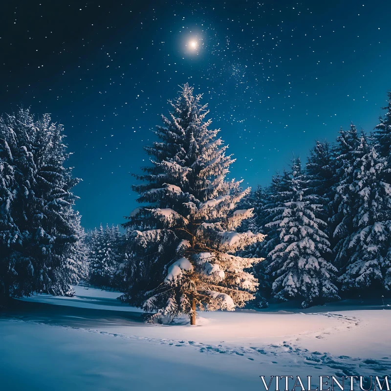 Moonlit Snowy Forest Landscape at Night AI Image