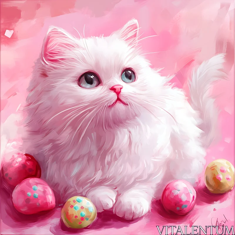 Adorable Fluffy White Cat Amidst Colorful Eggs AI Image