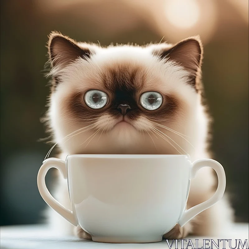 Cute Kitten with Blue Eyes and Teacup AI Image