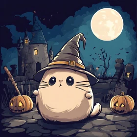 Chubby Cat Witch with Pumpkins and Castle