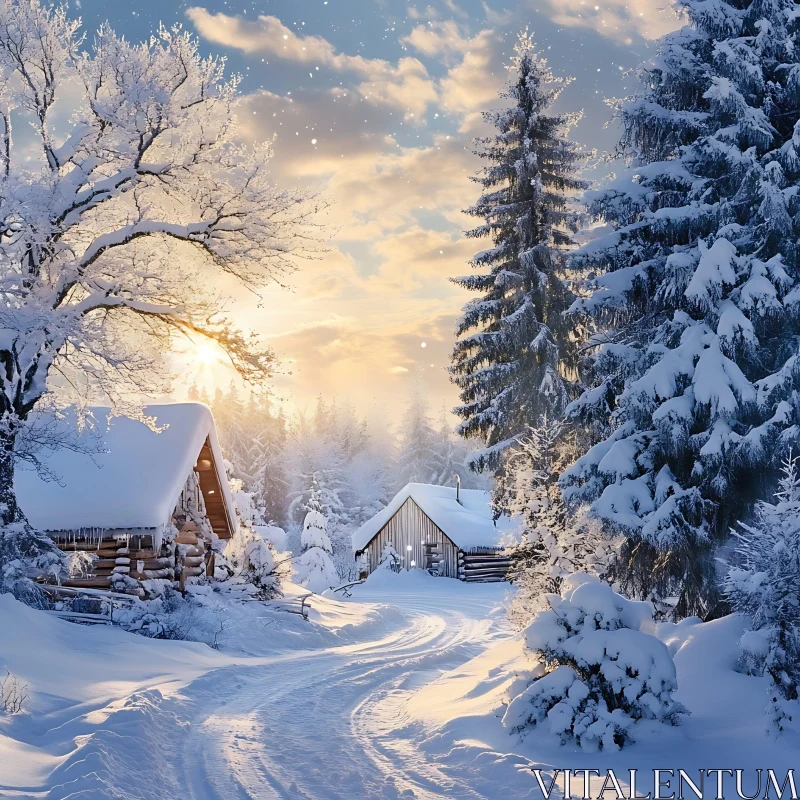 AI ART Serene Winter Landscape with Wooden Cabins and Snow at Sunset