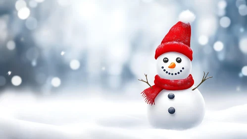 Festive Snowman with a Red Hat in a Snowy Landscape