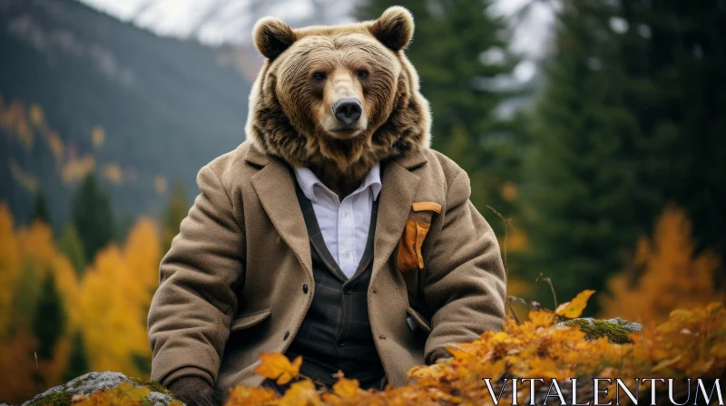 Brown Bear in Suit Amidst Autumn Foliage: An Amusing Tableau AI Image