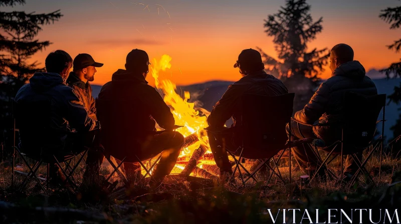 Campfire Sunset Scene with Men Relaxing Outdoors AI Image