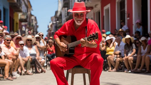 Captivating Street Scene: Man Playing Guitar in Vibrant Red Attire
