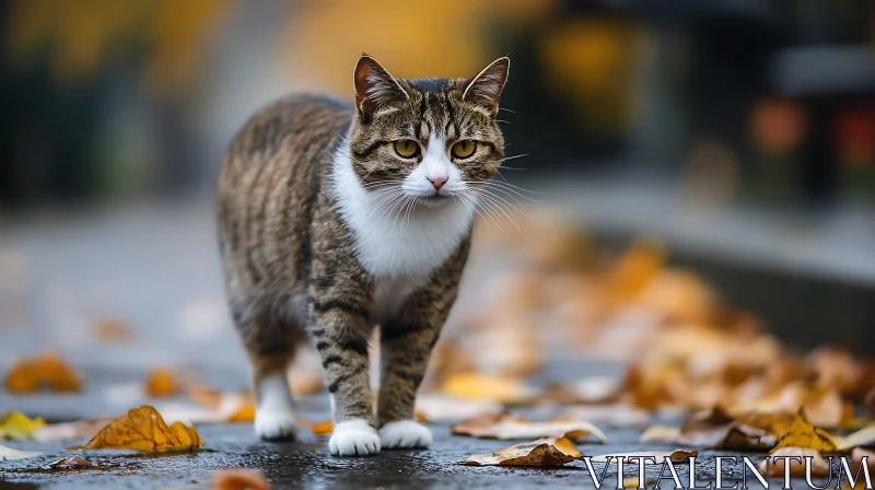 AI ART Autumn Cat Strolling on Leaf-Covered Wet Pavement