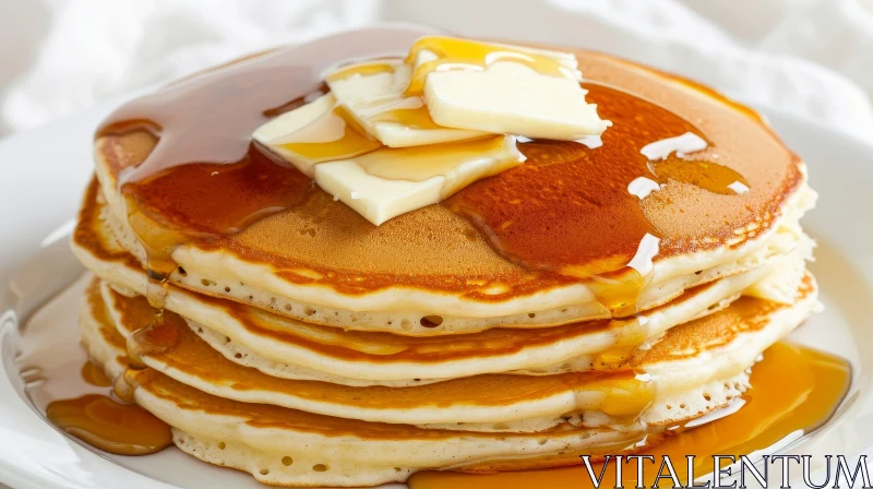 Delicious Fluffy Pancakes with Butter and Syrup on a White Plate AI Image