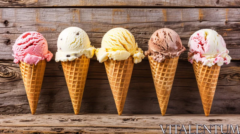 Delicious Melting Ice Cream Cones on Wooden Table AI Image