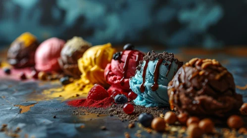 Delightful Array of Melting Ice Cream Balls on Blue Stone