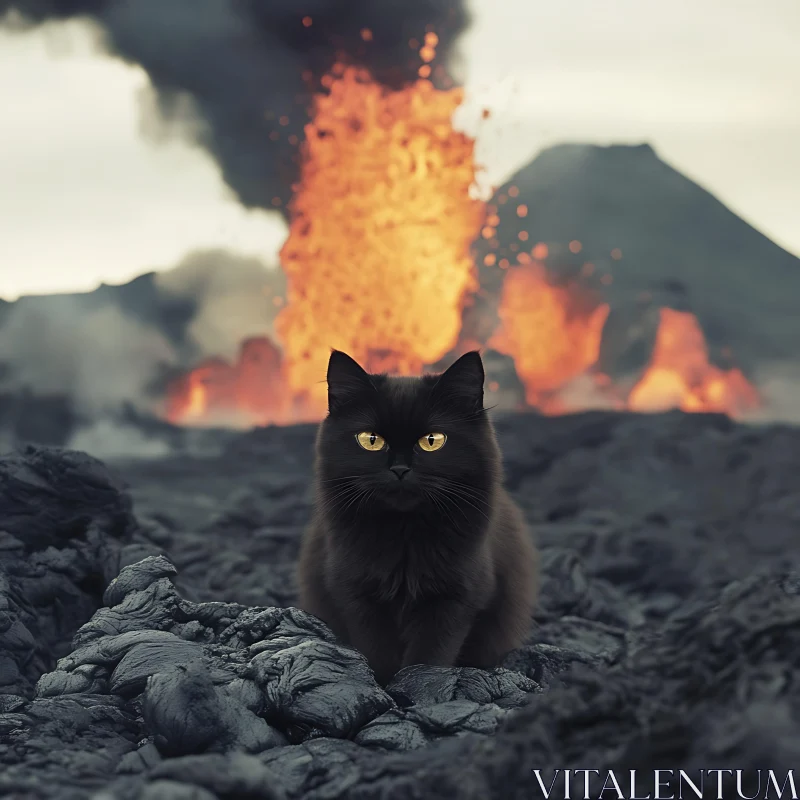 Cat in Volcanic Landscape AI Image