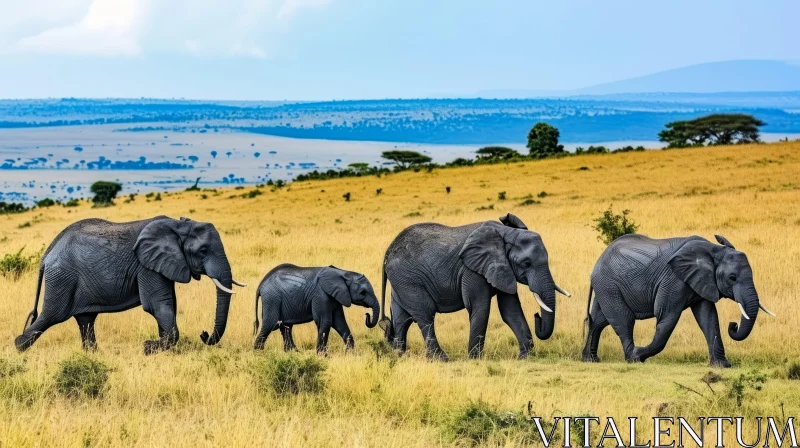 AI ART Graceful Family of African Elephants Walking Across the Savanna