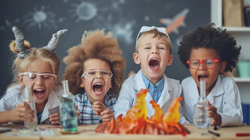 Joyful Chaos: Kids in Lab Coats with Chilling Creatures