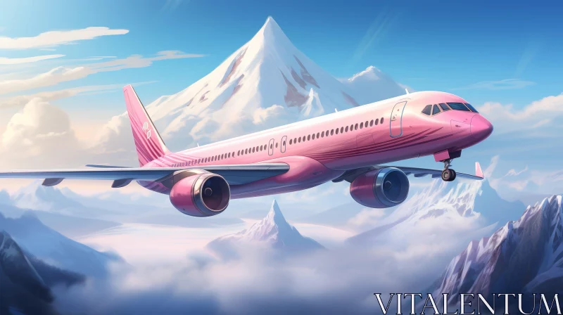 Pink Airplane Flying Over Snowy Mountain Range AI Image
