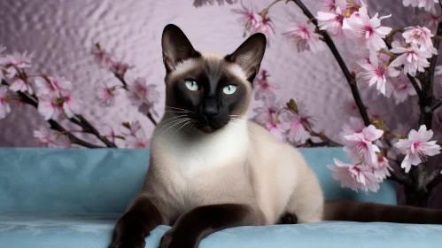 Regal Siamese Cat on Blue Couch with Cherry Blossoms