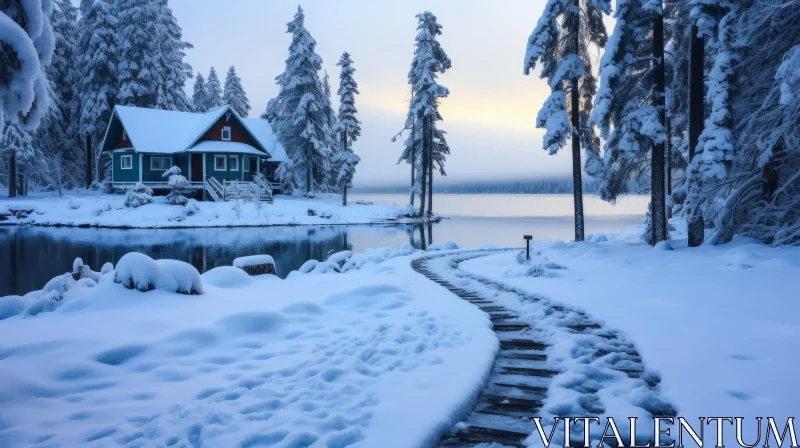 Snow-Covered Cottage near a Tranquil Lake | Serene and Calming Atmosphere AI Image