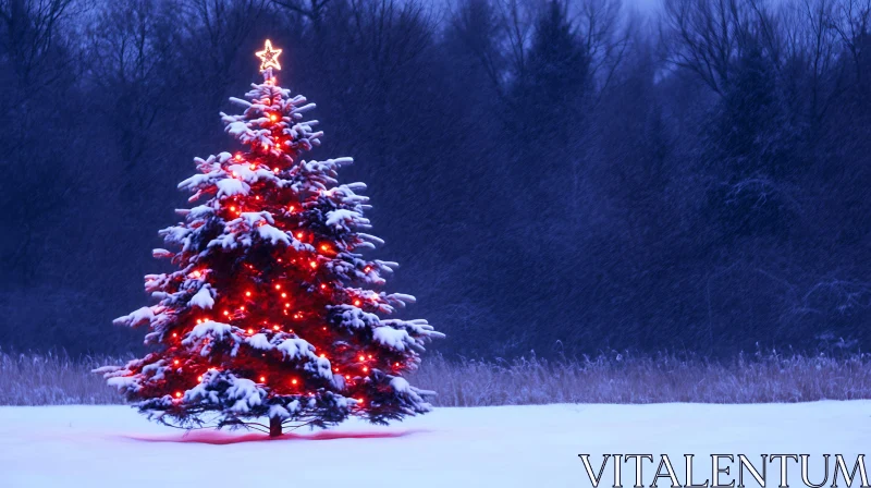 Winter Night Christmas Tree with Snow and Lights AI Image