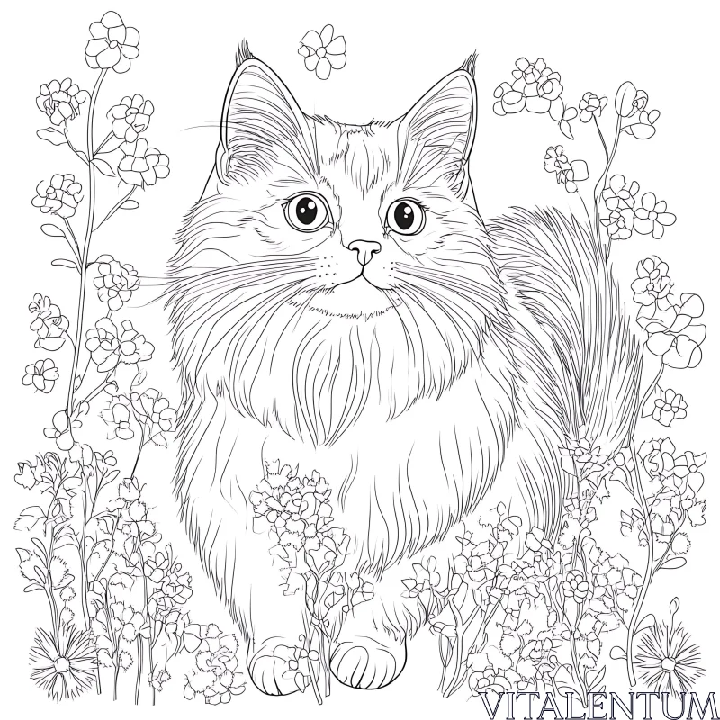 Fluffy Cat Surrounded by Flowers in Line Art AI Image