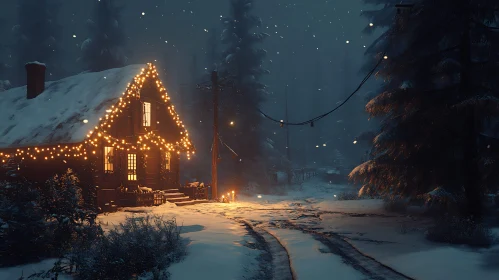 Snowy Evening at the Light-Adorned Cabin