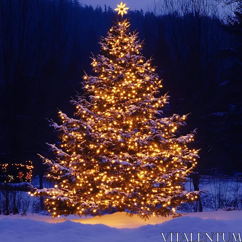 Snow-Covered Christmas Tree Illuminated at Night AI Image