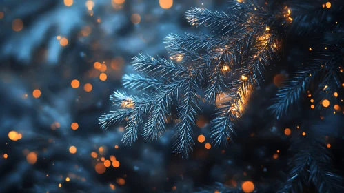 Frosted Evergreen Branches and Warm Lights