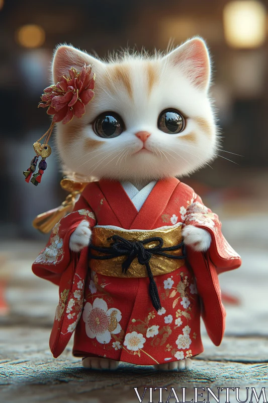 AI ART Cute Kitten Wearing Red Floral Kimono