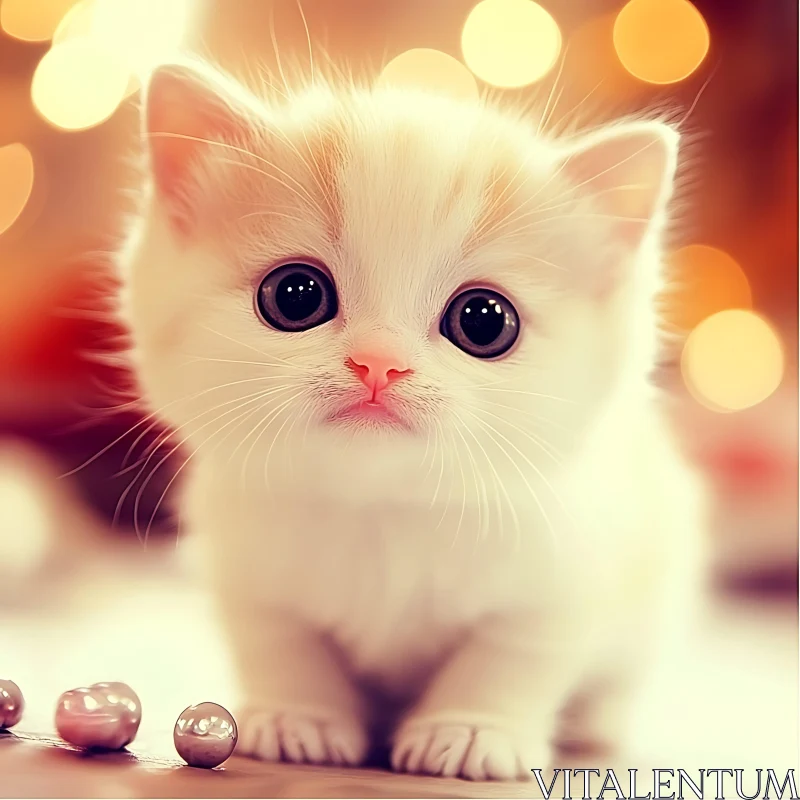 Cute Fluffy Kitten with Warm Bokeh Lights AI Image