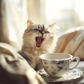 Morning Yawn: Cat and Teacup