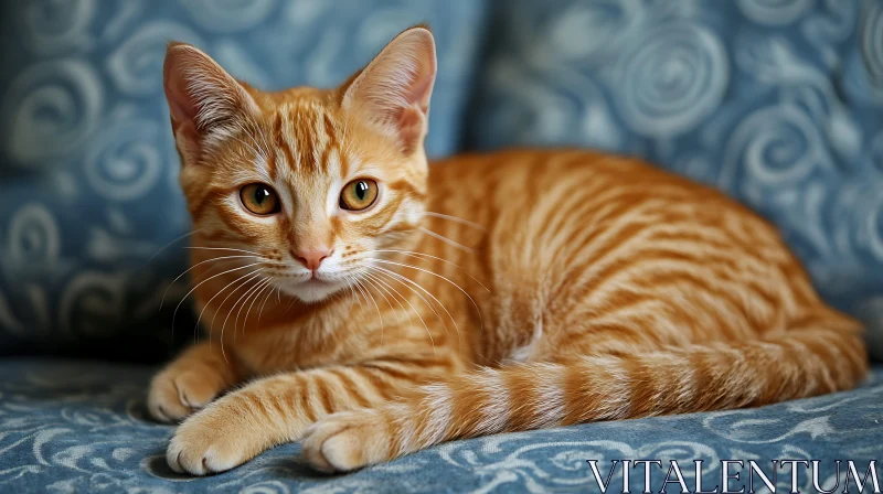 Ginger Cat Relaxing on Blue Cushion AI Image