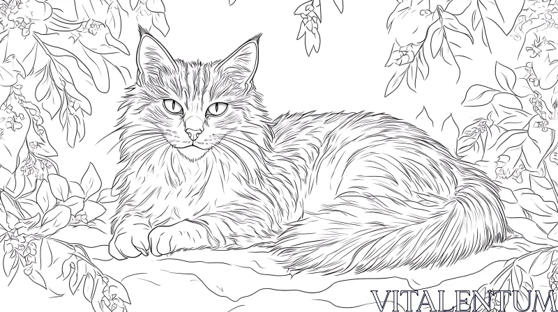 Cat Line Art with Leaves and Flowers AI Image