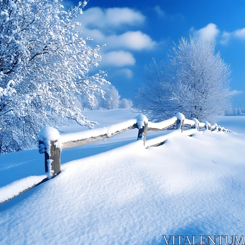 Snowy Fence and Winter Trees in a Beautiful Landscape AI Image