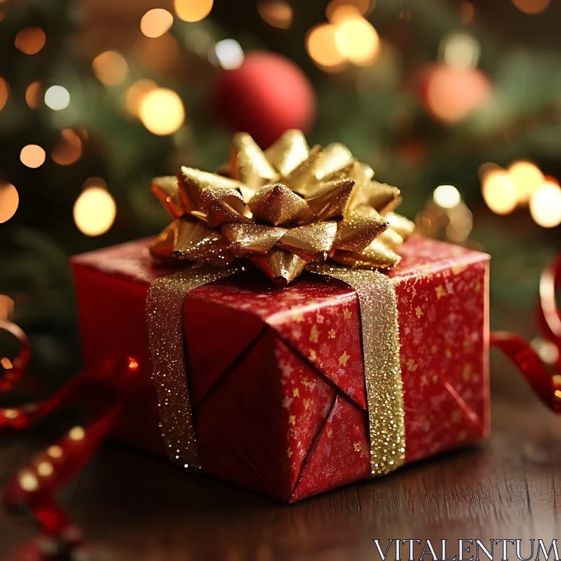 Festive Gift Wrapped in Red and Gold AI Image