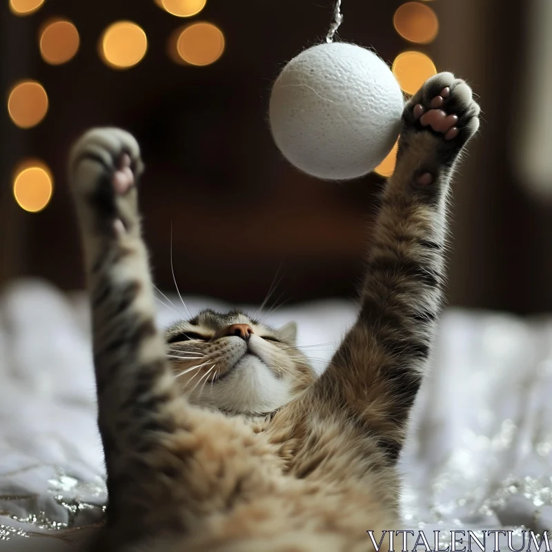 Tabby Cat Playing Indoors with Bokeh Lights AI Image