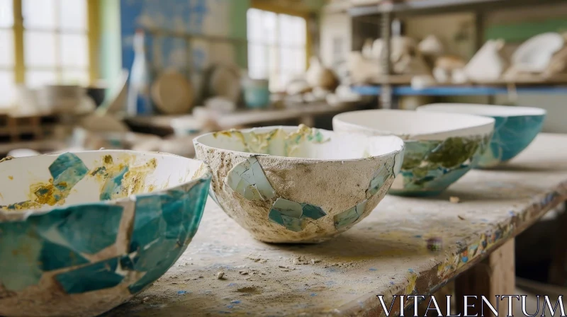 Artistic Ceramic Bowls on Wooden Table in Pottery Workshop AI Image