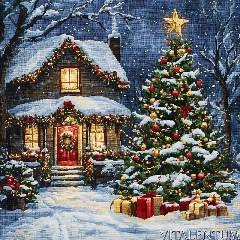 Charming Holiday House with Lit Tree and Snow AI Image