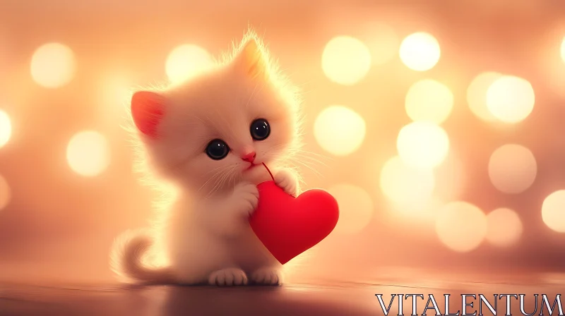 AI ART Cute Kitten Holding Heart with Bokeh Lighting