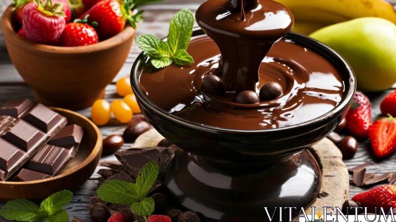 Delicious Bowl of Melted Chocolate with Fruits | High Angle Photography AI Image