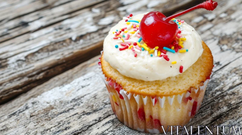 Delicious Cupcake with White Cream and Red Cherry on Wooden Table AI Image